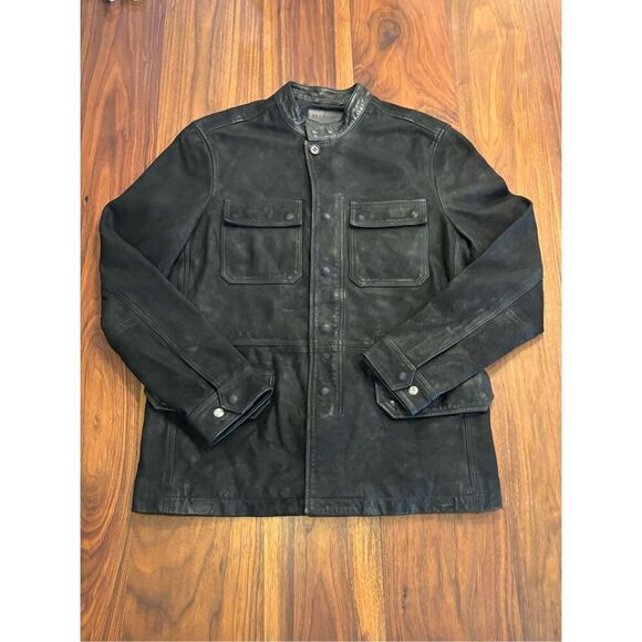 AllSaints Men’s Black Forter Tab Collar Leather Long Sleeve Jacket Size Medium - Picture 1 of 8